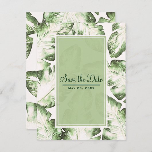 エレガントなホワイトとグリーンのトロピカルリーフでSave the Date 案内ポストカード (正面/裏面)