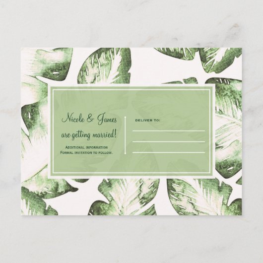 エレガントなホワイトとグリーンのトロピカルリーフでSave the Date 案内ポストカード (裏面)