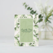 エレガントなホワイトとグリーンのトロピカルリーフでSave the Date 案内ポストカード (スタンド正面)