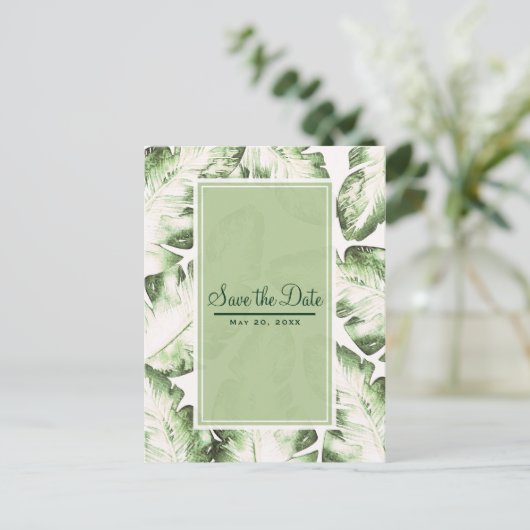 エレガントなホワイトとグリーンのトロピカルリーフでSave the Date 案内ポストカード (スタンド正面)