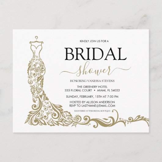 エレガントなホワイトとゴールドのフラッシュドレス ブライダルシャワー ポストカード (正面)