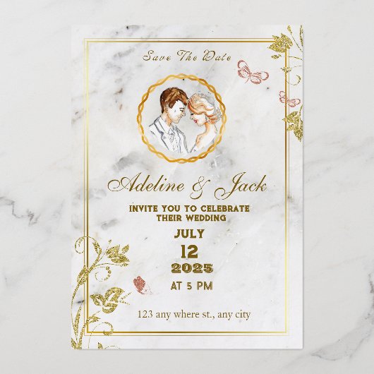 エレガントなホワイトとゴールド 箔招待状 (正面)