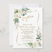 エレガントなホワイトアイボリーの花 ゴールドの結婚式の披露宴 招待状 (正面)