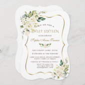 エレガントなホワイトアイボリー フラワーズ ゴールドフレーム スイート16 招待状 (正面/裏面)