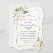 エレガントなホワイトアイボリー フラワーズ ゴールドフレーム スイート16 招待状 (正面)