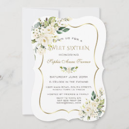 エレガントなホワイトアイボリー フラワーズ ゴールドフレーム スイート16 招待状