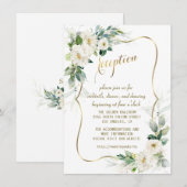 エレガントなホワイトアイボリー フラワー ゴールド ウェディング レセプション 招待状 (正面/裏面)