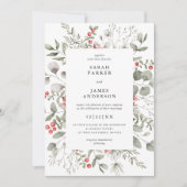 エレガントなホワイトウィンター水彩グリーンウェディング 招待状 (正面)