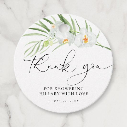 エレガントなホワイトオーキッドのブライズシャワー フェイバータグ (正面)