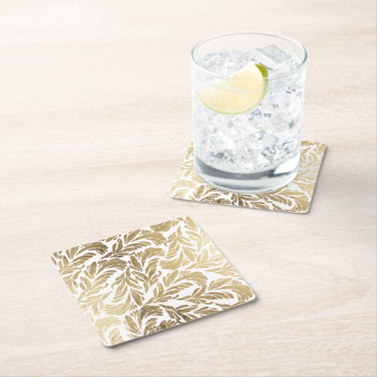 エレガントなホワイトゴールドのモダンな花のダマスク織 スクエアペーパーコースター (インサイチュ)