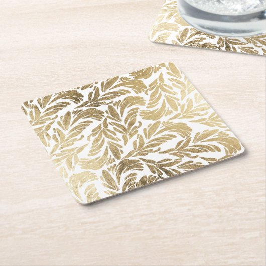 エレガントなホワイトゴールドのモダンな花のダマスク織 スクエアペーパーコースター (アングル)