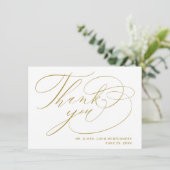 エレガントなホワイトゴールドのモダンスクリプトウェディング サンキューカード (スタンド正面)