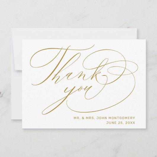 エレガントなホワイトゴールドのモダンスクリプトウェディング サンキューカード (正面)