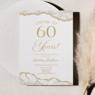 エレガントなホワイトゴールドアゲート60歳誕生日パーティー 招待状