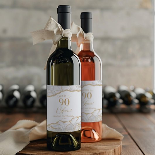エレガントなホワイトゴールドアゲート90歳の誕生日パーティー ワインラベル