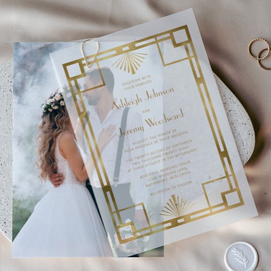 エレガントなホワイトゴールドジオ・ヴィンテージ1920sデコウェディング ベラム紙招待状