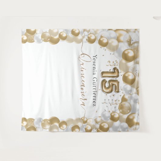 エレガントなホワイトゴールドバルーンアーチのキンセアニエラ タペストリー (正面(横))