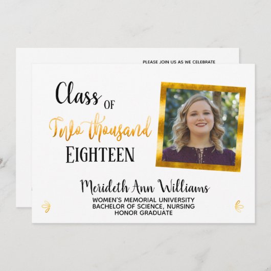 エレガントなホワイトゴールド2 フォト おしゃれな卒業パーティー 招待状 (正面/裏面)