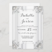 エレガントなホワイトサテンとシルバーホワイトのオーナメント 招待状 (正面/裏面)