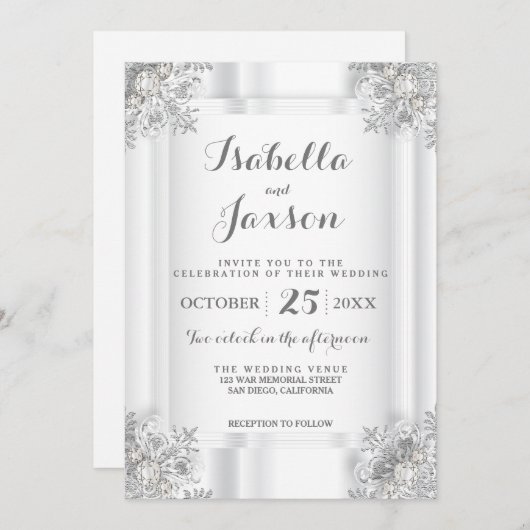 エレガントなホワイトサテンとシルバーホワイトのオーナメント 招待状 (正面/裏面)