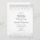 エレガントなホワイトシルバーグリッター90歳の誕生日 招待状 (正面/裏面)