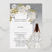 エレガントなホワイトシルバーローズのフラワーキンセアニェーラパーティー 箔招待状 (正面)