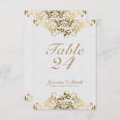 エレガントなホワイトダマスク&ゴールドフラワーレース 招待状 (正面/裏面)