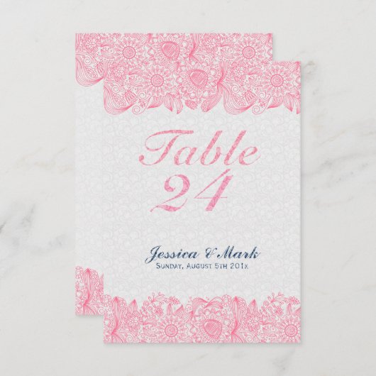 エレガントなホワイトダマスク & ピンクの花柄パイスロレース 招待状 (正面/裏面)