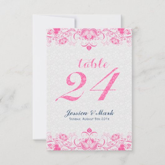 エレガントなホワイトダマスク＆ピンクの花柄レース2 招待状 (正面)