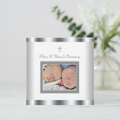 エレガントなホワイトツイン写真キリスト洗礼招待状 招待状 (スタンド正面)