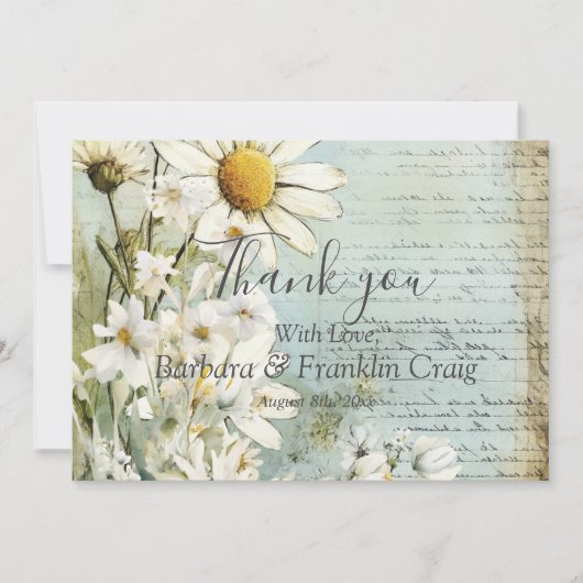 エレガントなホワイトデイジーウェディング御礼カード サンキューカード (正面)