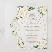 エレガントなホワイトフラワーのゴールド ミス キンセ・キンセアニエラ 招待状 (正面/裏面)