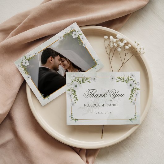エレガントなホワイトフラワーの結婚式写真感謝カード サンキューカード