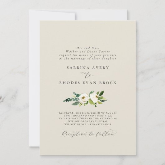 エレガントなホワイトフラワーチャペー| フォーマルウェディング 招待状 (正面)