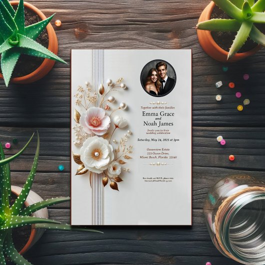 エレガントなホワイトフラワーフォトウェディング招待状 招待状