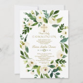 エレガントなホワイトフラワーリース クロス聖体拝領 招待状 (正面)