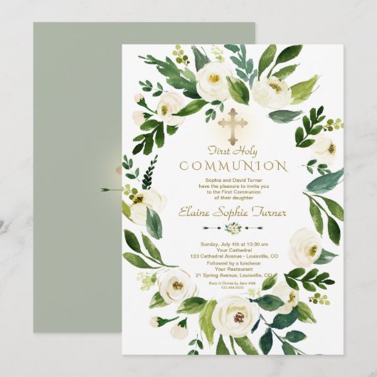 エレガントなホワイトフラワーリース クロス聖体拝領 招待状 (正面/裏面)