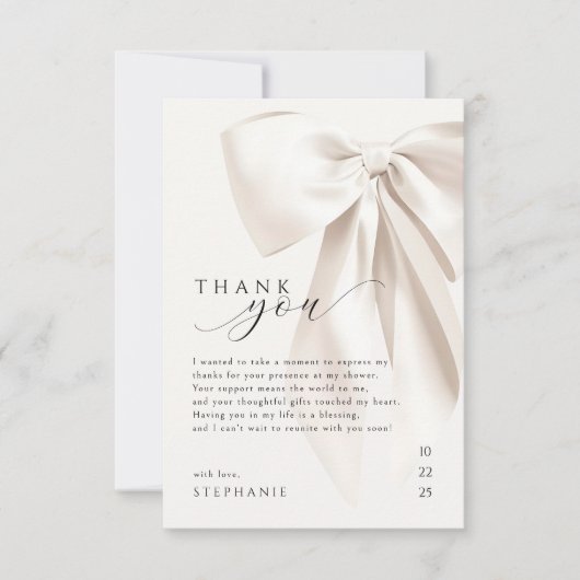 エレガントなホワイトボウのブライダルシャワー サンキューカード (正面)