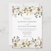 エレガントなホワイトマグノリアとソフトピンクの花のウェディング 招待状 (正面)