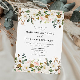 エレガントなホワイトマグノリアとソフトピンクの花のウェディング 招待状