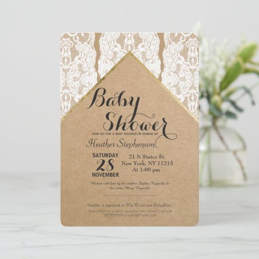 エレガントなホワイトレース、ゴールド、リサイクル紙 招待状 (スタンド正面)