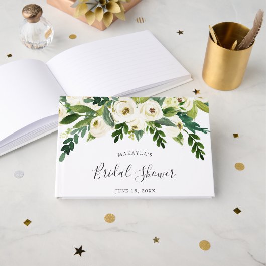 エレガントなホワイトローズとグリーンの花飾り ブライダルシャワー ゲストブック (正面見開き)