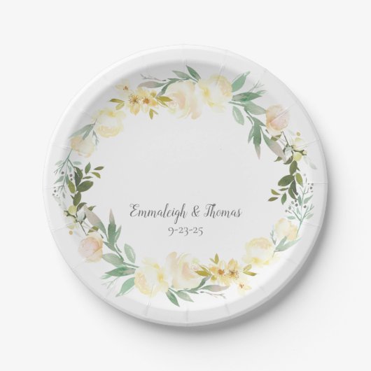 エレガントなホワイトローズのウェディングフラワー ペーパープレート (正面)