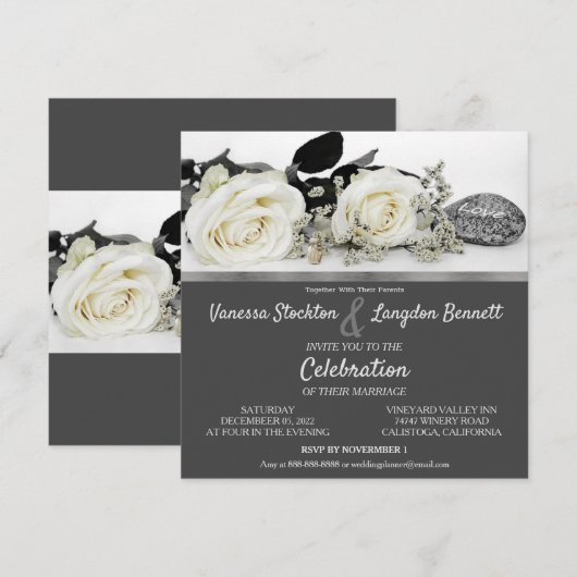 エレガントなホワイトローズの結婚式招待状 招待状 (正面/裏面)