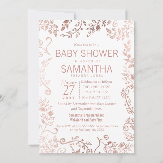 エレガントなホワイトローズゴールドフラワーベイビーシャワー 招待状 (正面)
