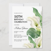 エレガントなホワイト カラー リリー 花 グリーン 誕生日 招待状 (正面)