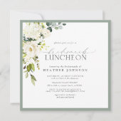エレガントなホワイト グレー グリーン フローラル ブライダル ランチョン 招待状 (正面)