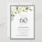 エレガントなホワイト グレー グリーン フローラル 60歳の誕生日 招待状 (正面)