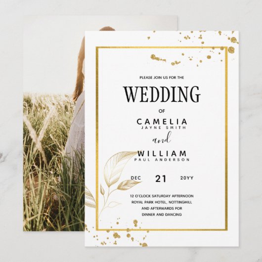 エレガントなホワイト＆ゴールドの写真ウェディング招待状 招待状 (正面/裏面)