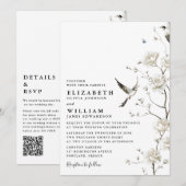 エレガントなホワイト シノワズリー フラワー QR コード ウェディング 招待状 (正面/裏面)